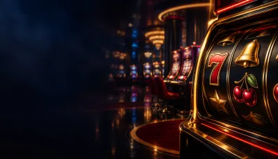 Cinematic dark casino floor with glowing slot machines and gold rim light on right half, deep navy and burgundy background
