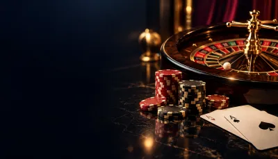 Premium casino still life featuring roulette wheel, stacked chips and playing cards on deep navy and gold dark background